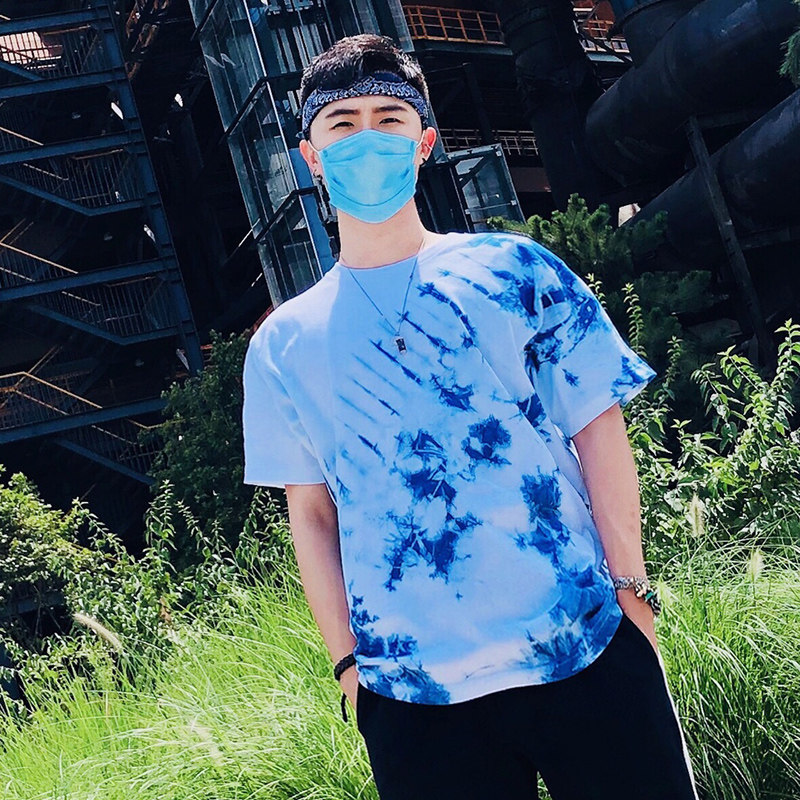 National Tide New Original Handmade Blue Dye T-shirt Loose Ins Personality Plant Zdyeing Design Sense Pure Cotton Men And Women Short Sleeves