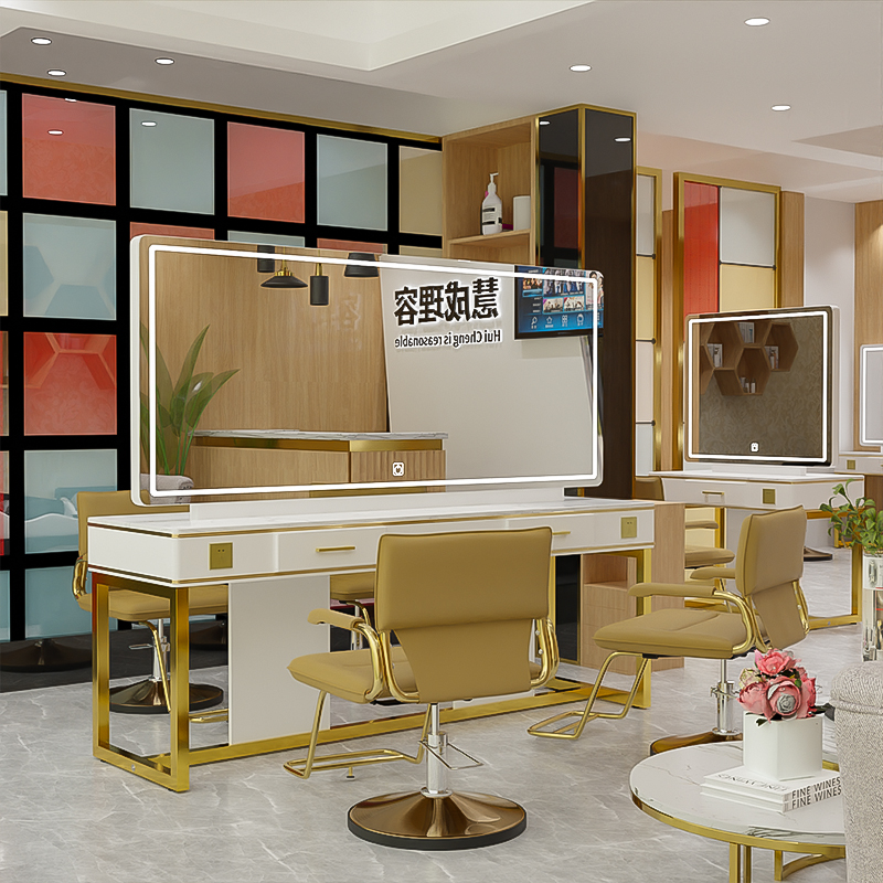 Hair salon special stainless steel perm table mirror table table cabinet integrated net red barber shop mirror table hair salon with light mirror mirror