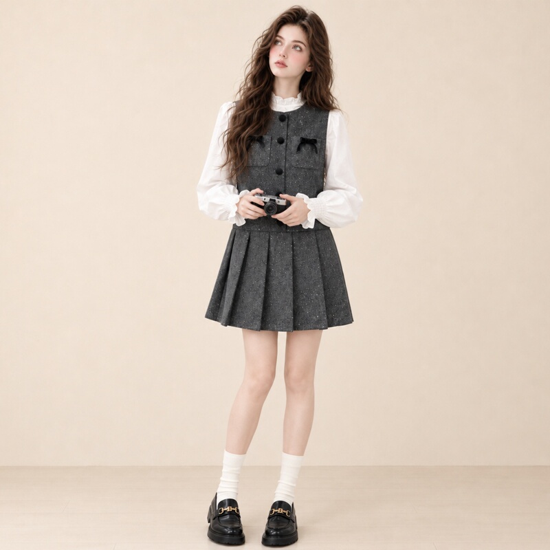 Lum Gray Pleated Vest Dress Set for Women, New Autumn Style, Ruffled Shirt, Age-Reducing, Rich Lady Style Two-Piece Set