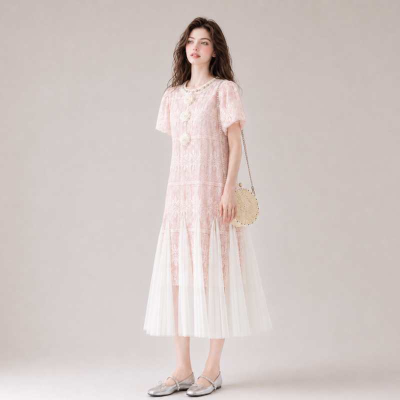 Lum Pink Puff Sleeve Mesh Patchwork Embroidered Dress for Women, New Summer Style, High-End, Sweet and Elegant Long Dress Lum Pink Puff Sleeve Mesh Patchwork Embroidered Dress for Women, New Summer Style, High-End, Sweet and Elegant Long Dress
