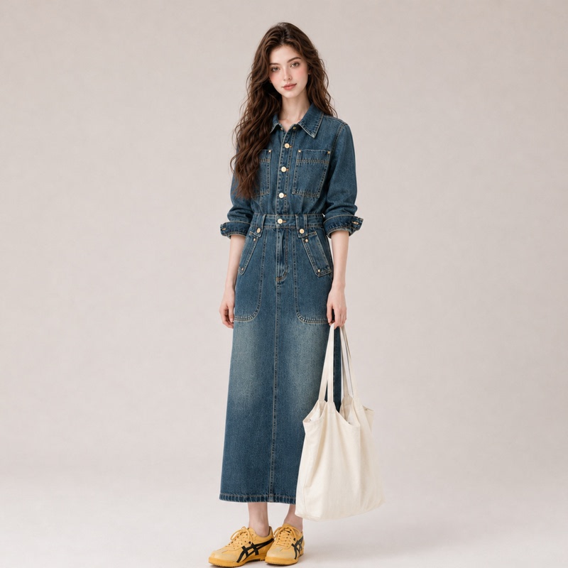 Lum Retro Denim Shirt Dress for Women, New Autumn Style, Very Beautiful, High-End Feel, Waist-Cinching, Elegant, Casual Long Dress Lum Retro Denim Shirt Dress for Women, New Autumn Style, Very Beautiful, High-End Feel, Waist-Cinching, Elegant, Casual Long Dress