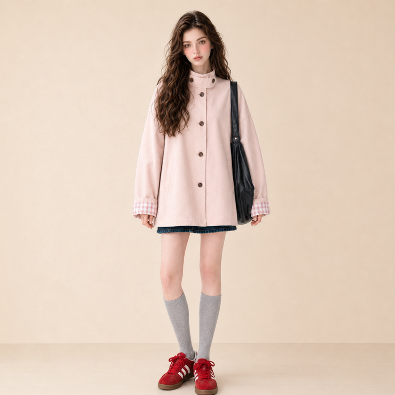 Lum Pink Stand-Collar Trench Coat for Women, Autumn 2026 New Korean Style Versatile Loose Casual Coat for Petite Figures Lum Pink Stand-Collar Trench Coat for Women, Autumn 2026 New Korean Style Versatile Loose Casual Coat for Petite Figures