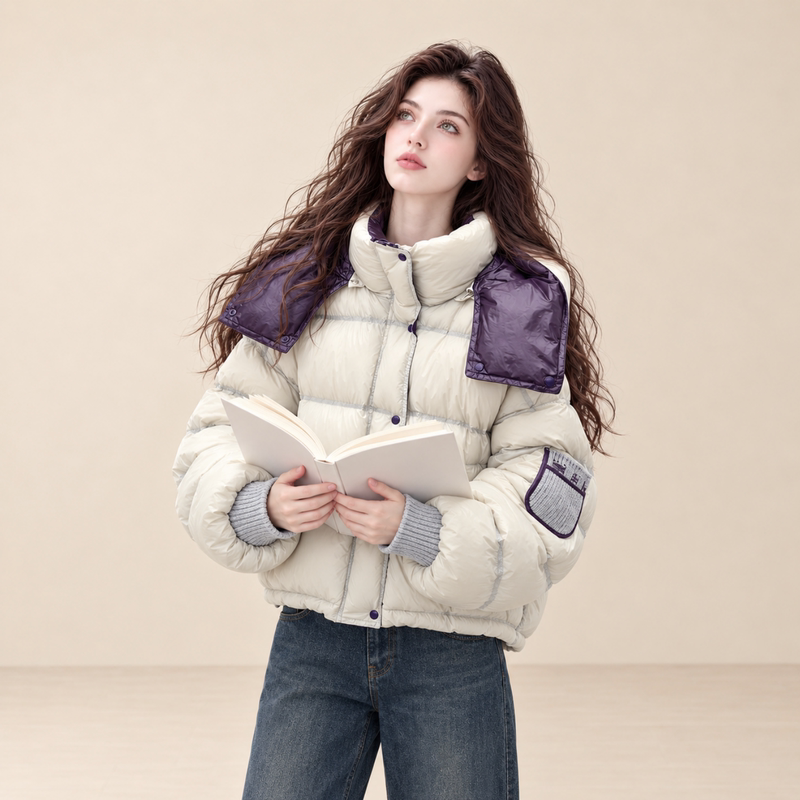 Lum Design-Inspired Color-Blocking Short down Jacket for Women, Winter 90% White Duck down Trendy Popular Puffer Coat