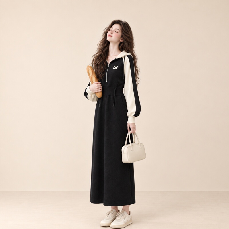 Lum Color-Blocked Hooded Sweatshirt Dress for Women 2026 Autumn New Design Drawstring Waist Casual Long Dress Lum Color-Blocked Hooded Sweatshirt Dress for Women 2026 Autumn New Design Drawstring Waist Casual Long Dress