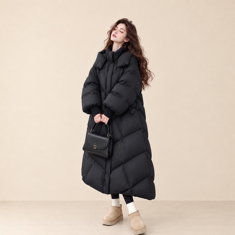 Lum Black Oversized Quilted 90% White Duck down Jacket for Women, Winter Long Style, Over-The-Knee, Not Bulky, High-End Feel, Loose Fit