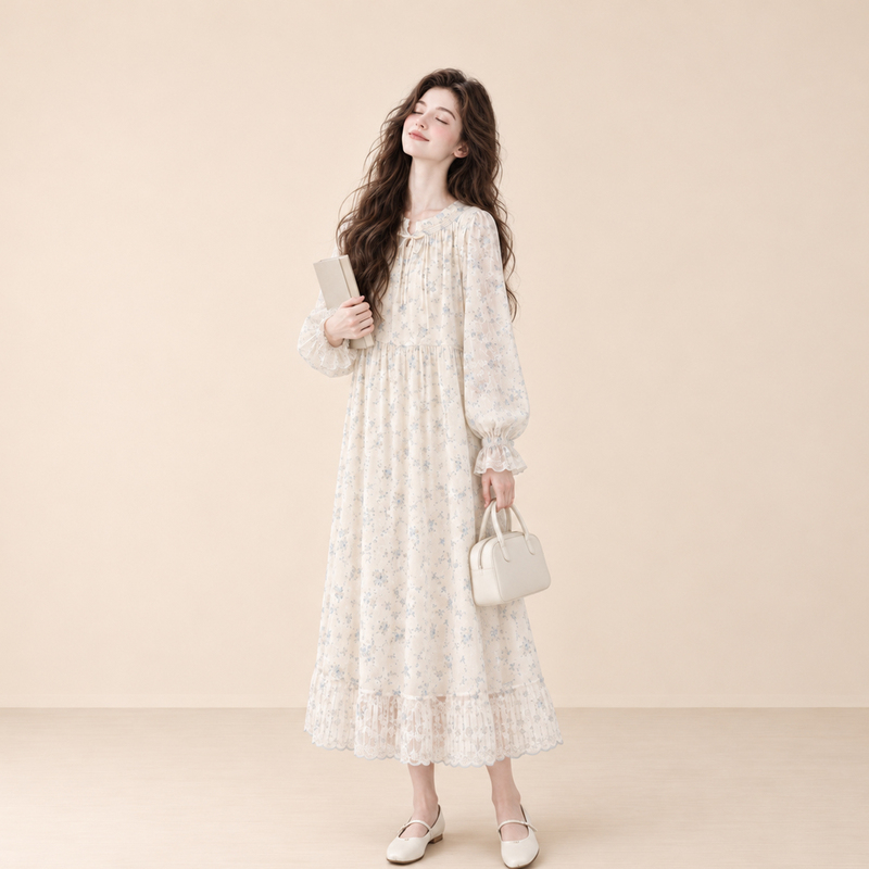 Lum French Gentle Style Off-White Floral Long-Sleeved Dress for Women, New Autumn Sweet and Age-Reducing Elegant Long Dress