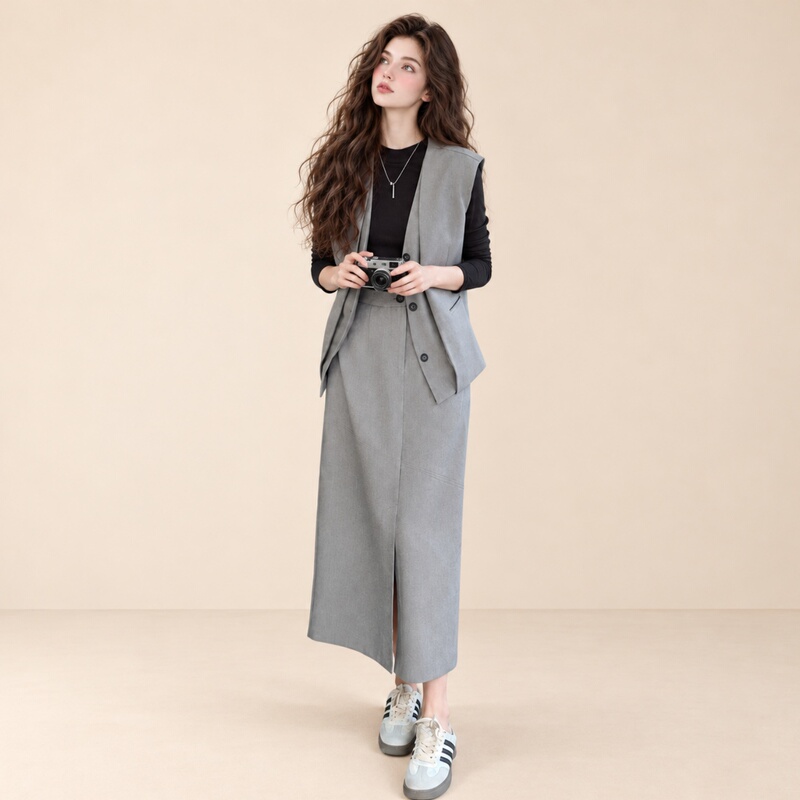 Lum Gray Suit Vest with Slit Skirt Set for Women, Autumn Mature Style, Elegant Two-Piece Outfit