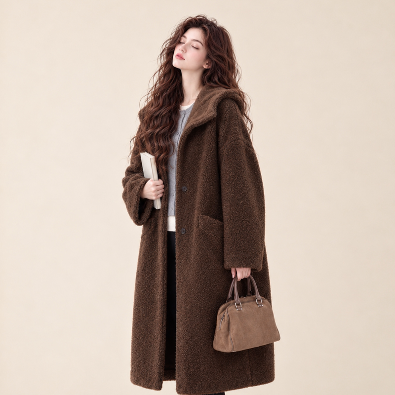 Lum Maillard Coffee-Colored Hooded Shearling Coat for Women, Winter Thickened Mid-Length Plush Coat