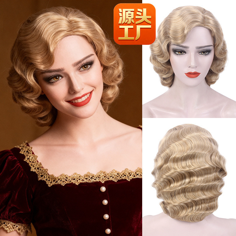 Retro Wavy Wig, European and American Style, Light Blonde, Shenzhen Foreign Trade Cross-Border Hand-Woven Wave Wig