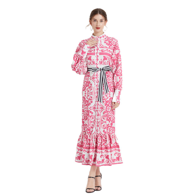 2023 Bohemian style geometric print single-breasted small stand-up collar printed and dyed long dress