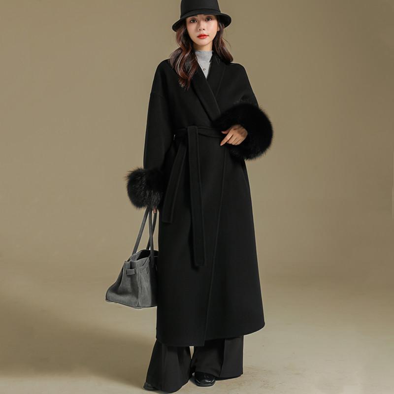 Fox Fur Black Double-Sided Wool Coat for Women, Mid-Length Bathrobe Style, Elegant Hepburn Style Pure Wool Coat with Tie