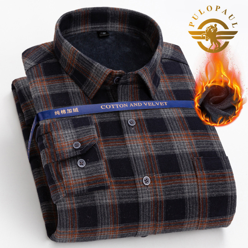 Paul's Winter Fleece-Lined Thickened Brushed Plaid Shirt for Men, Long-Sleeved, Middle-Aged Dad Style, Pure Cotton, Warm Shirt, Large Size