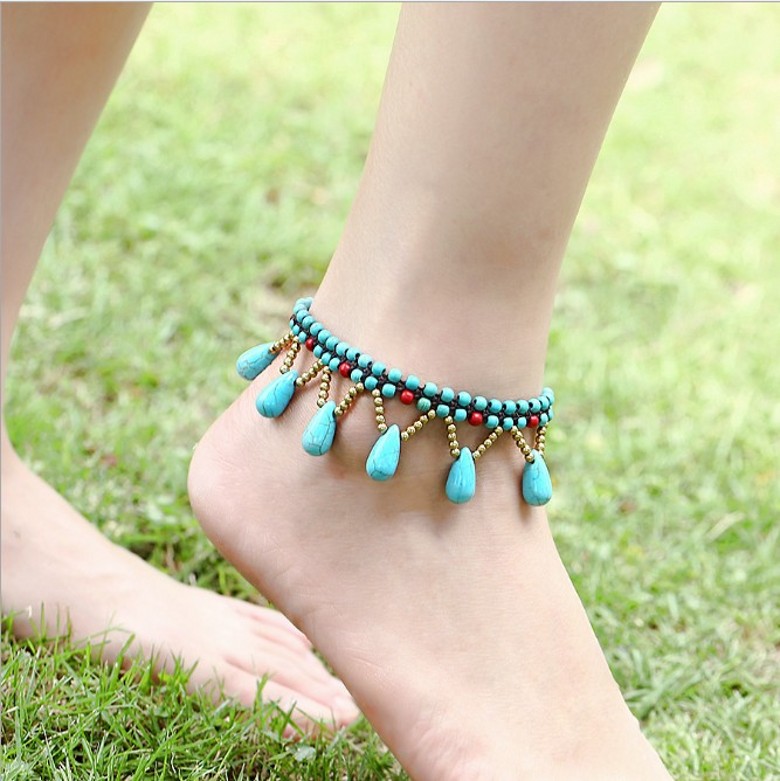 Vòng cổ gió vòng chân nữ phiên bản Hàn Quốc của sinh viên đơn giản đá ngọc lam dệt Bohemian Sen kỳ nghỉ chân trang trí phong cách dân tộc - Vòng chân vòng chân cá chép nữ