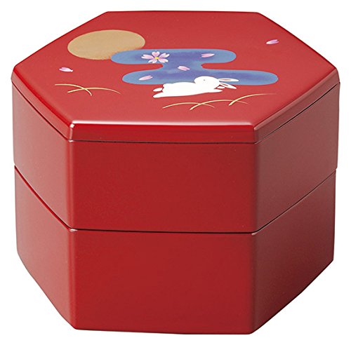 : Japanese system Tsuji Lacquer Hand Painted Moon Flowers Rabbit Hexagon 2 Layers Sushi Boxed Lunch Box Containing box