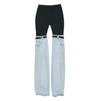 Stitching jeans women's black denim high waist wide leg pants thin belt decoration casual niche design mopping pants trendy