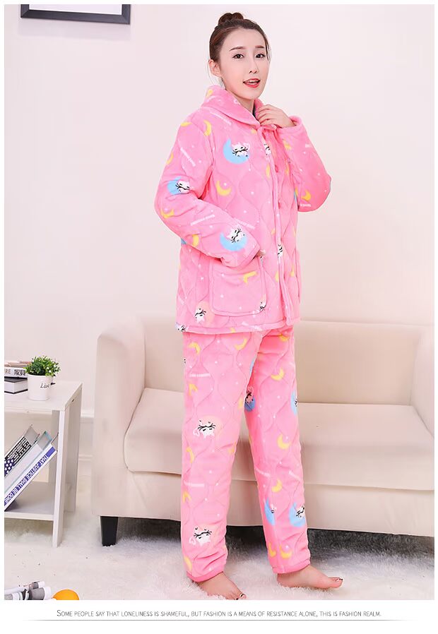 Bộ đồ ngủ có đệm flannel mùa đông được thiết lập Bộ ba lớp cộng với cotton lông cừu san hô dài tay đồ bộ mặc nhà pijama