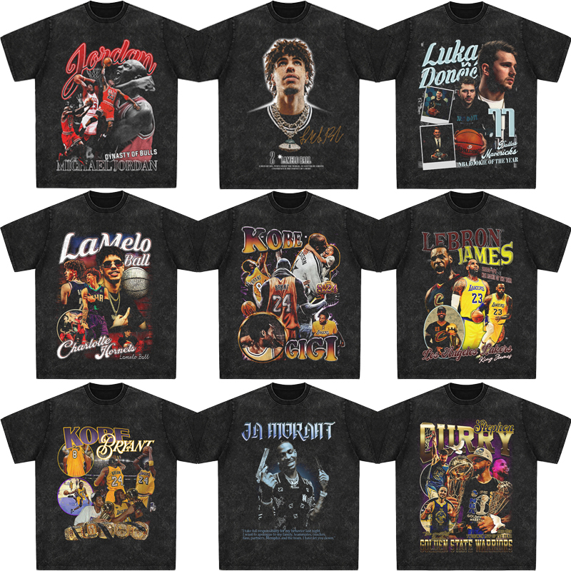 American Heavyweight Star Print T-Shirt Harden Rose Morant Curry Three-Star Irving Kobe James Short-Sleeved