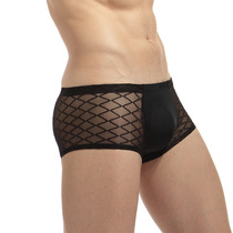 Sheer tide mens base-fitting boxer panties head U convex sac bag low waist sexy lace check ice silk quick dry