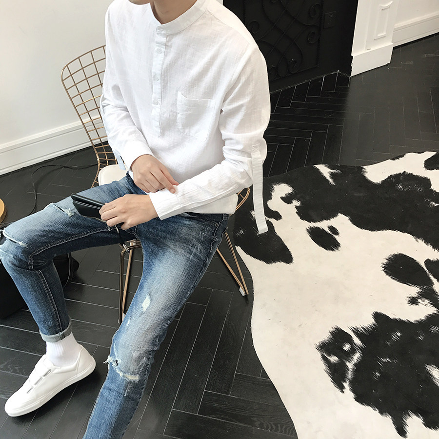 晨树 设计师款简约 修身款袖子飘带设计套头立领衬衫