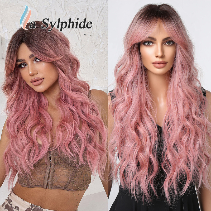 Pink-Gray Gold Wig with Long Curly Hair and Bangs, Tik Tok New Product, European and American Style, Rose Net, Matte High-Temperature Fiber Wig Pink-Gray Gold Wig with Long Curly Hair and Bangs, Tik Tok New Product, European and American Style, Rose Net, Matte High-Temperature Fiber Wig