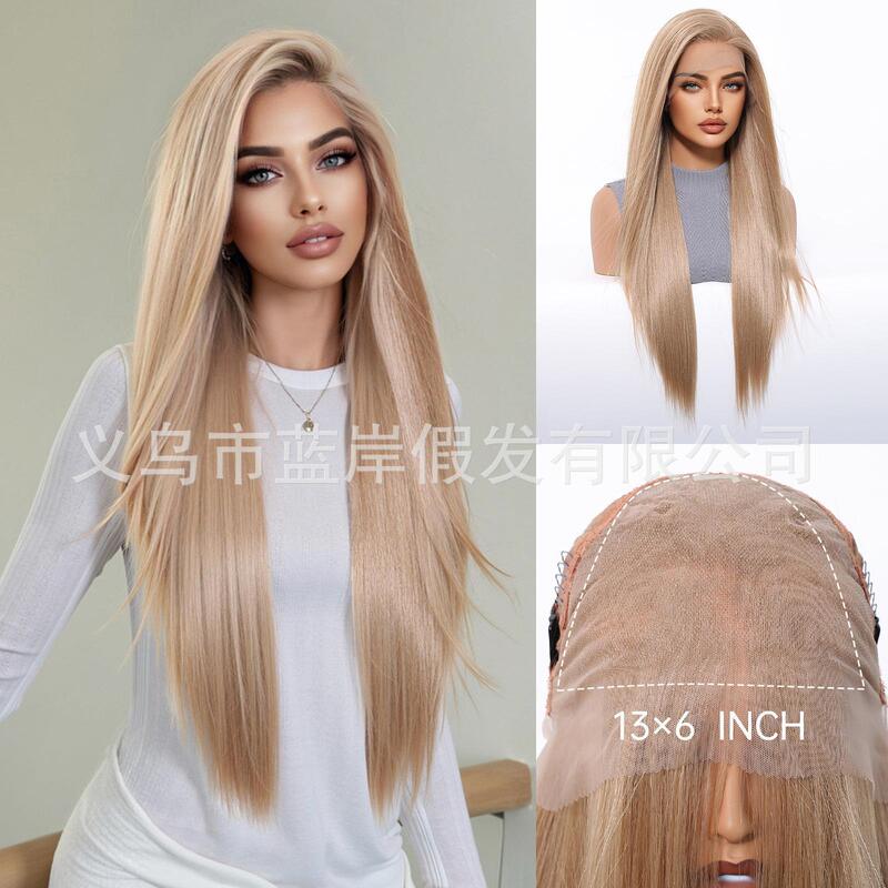 13*6 Lace Large Area Hand-Woven Wig, Golden Long Straight Hair, Free Parting Style, Elegant Design, Factory Ready Stock