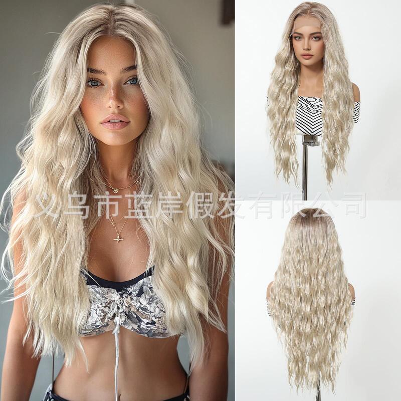 European and American Style Middle-Parted No-Bang 13X6 Large Lace Front Platinum Long Curly Fashion Wig Full Head Style