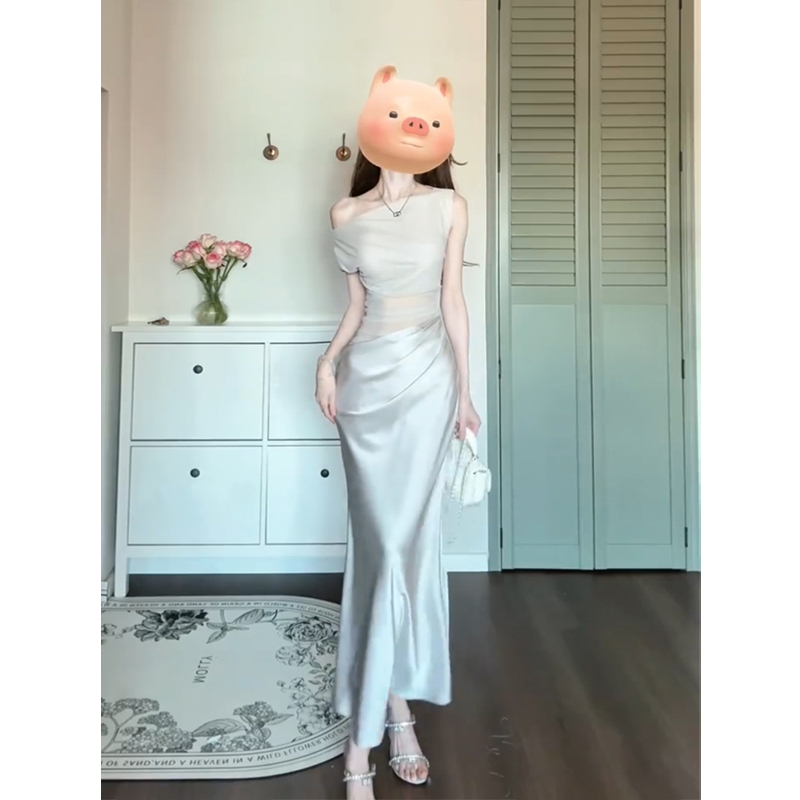 Mesh Patchwork Satin One-Shoulder Dress for Women, Light Luxury Style, High-End Feel, Waist-Cinching Elegant Gown, Fishtail Bodycon Long Dress