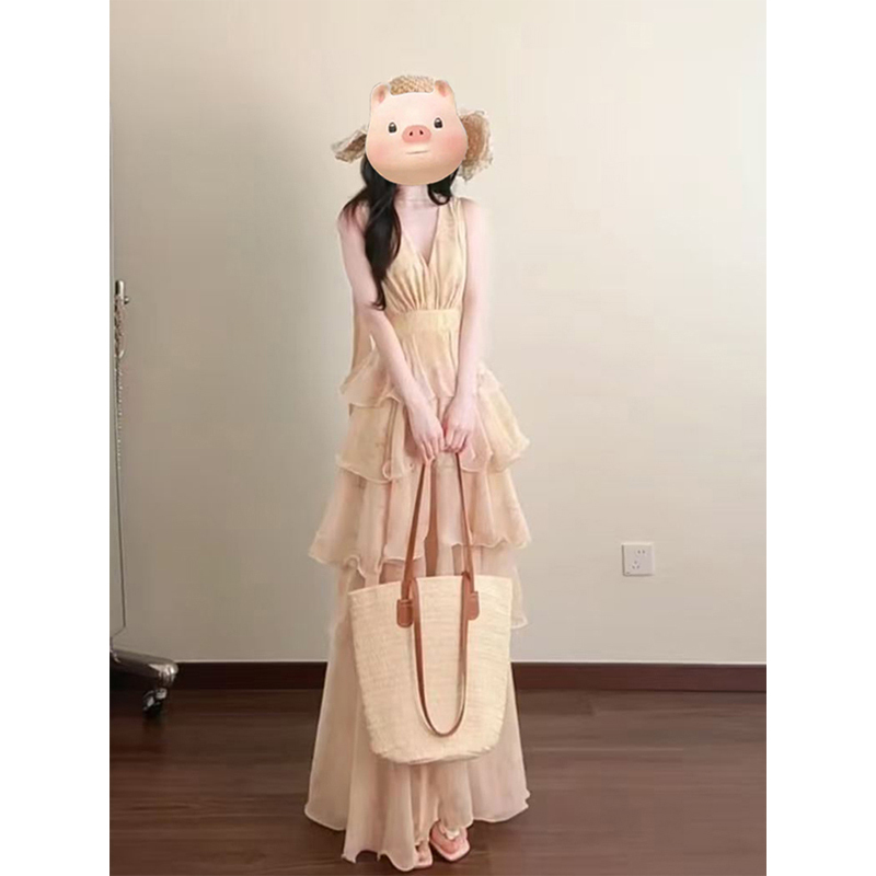 Vacation Style V-Neck Floral Dress for Women, Summer French Romantic Ruffled Sleeveless Elegant Waist-Cinching Tiered Long Dress