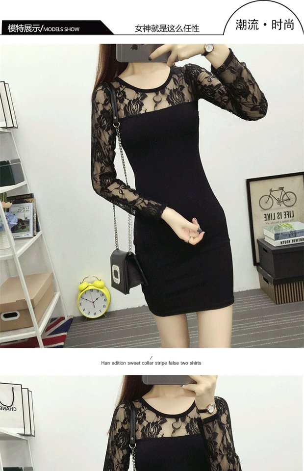 Mùa thu mới ren đen gợi cảm váy nữ Slim lưới dài gạc khâu hông dài tay áo chạm đáy váy chiết eo