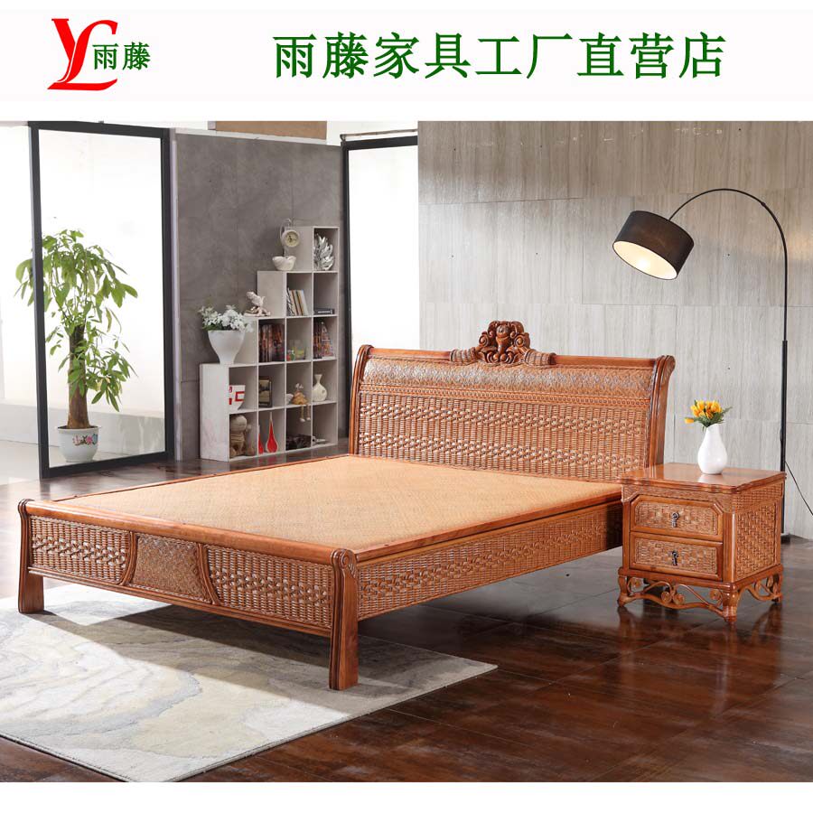 Real rattan bed Rattan wood bed 1 meter five rattan art single double bed 1 meter eight rattan woven Chinese style large 1 8 meters rattan bed