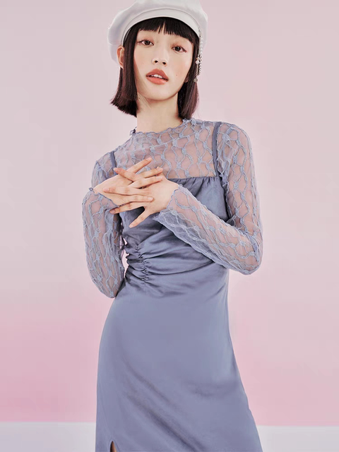 Lolipa Spring and Summer New Irregular Pleated Dress Lace Base Shirt Two-Piece Set with Slit Strap Dress