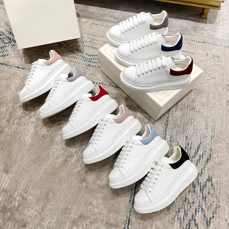 Full Cowhide Thick-Soled Rhinestone Versatile Mcqueen-Style White Sneakers for Men and Women, Couple's Genuine Leather Height-Increasing Casual Shoes