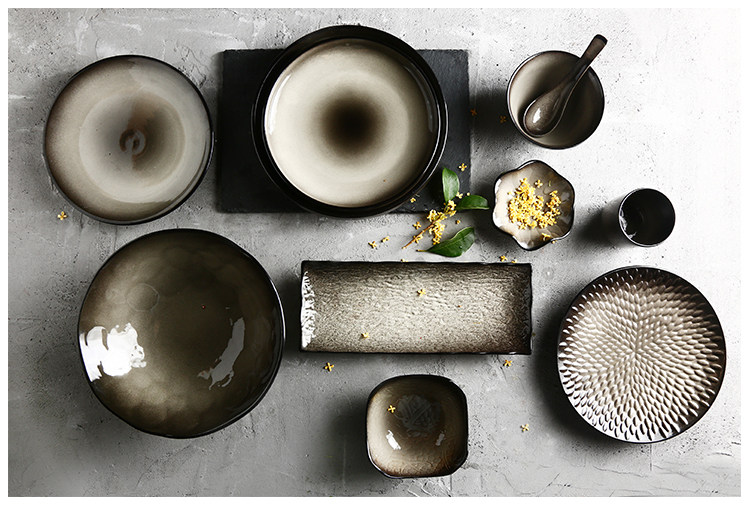 Retro restaurant, Japanese hotel, kitchen, home Black Mist series ceramic tableware set, plates, bowls and dishes pic 10