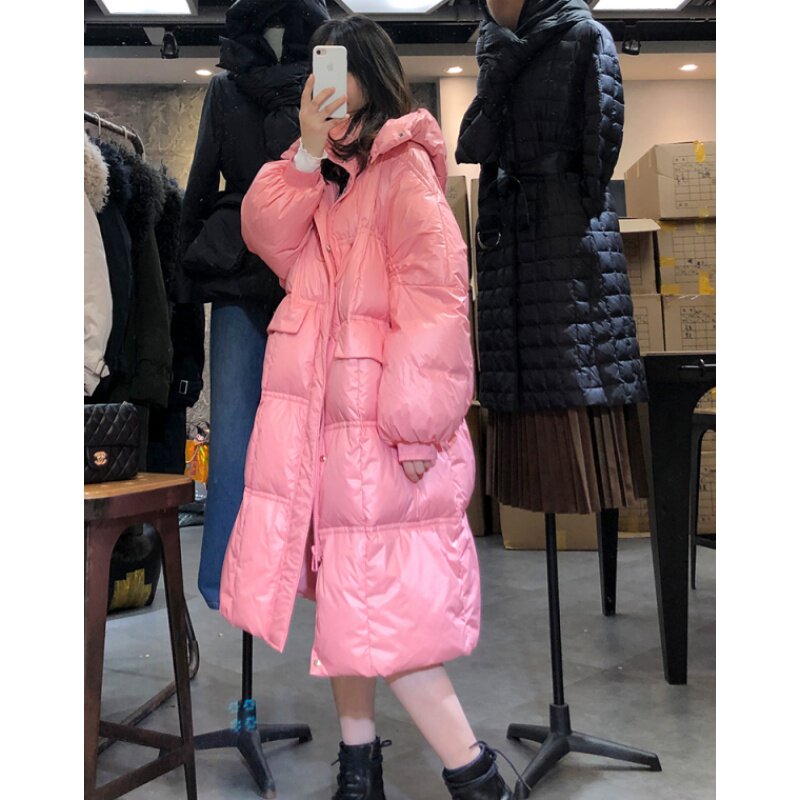 Anti-seasonal clearance down jacket women's middle and long white duck down new hooded bread clothing fashion Korean version loose coat tide