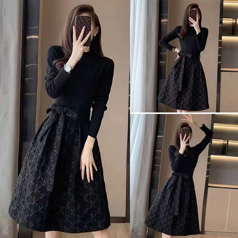 2026 Spring New Hepburn Style Black Long Sleeve Women's Fashion Mid-Length Waist-Slimming A-Line Puffy Dress