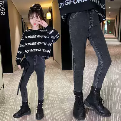 Girl slim jeans 2021 new children Girls autumn and winter plus velvet elastic narrow-legged pants baby tight pants