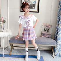 Girls jk uniform Childrens summer short sleeve Rabbit ears college style skirt Full set of primary school students original skirt group