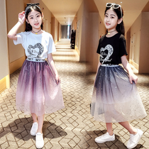 2021 new Girls Summer Clothes short-sleeved T-shirt dress suit super fairy net red girl big child princess dress 12 years old