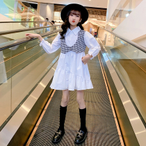 Girls early autumn houndstooth sub-mock two-piece shirt dress girl zhong da tong spring and autumn princess dress zi yang gas