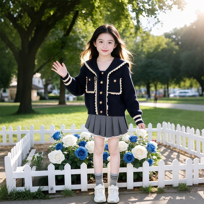Girls' Spring and Autumn Navy Collar Sweater 2026 New Style Children's College Style Knitted Cardigan Super Cute Coat for Girls