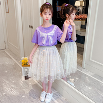 Girls Summer Bow dress 2021 summer new girl T-shirt dress medium long princess skirt fashionable