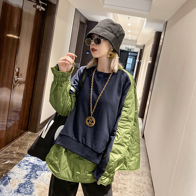 Sweatshirt woman loose round collar 2023 Autumn loaded with new European station Fashion splicing Thickened Clip Cotton 100 lapped blouses-Taobao