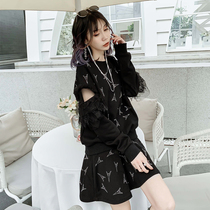 Suit womens 2020 new European station autumn heavy industry hot diamond loose lace stitching skirt base shirt two-piece set