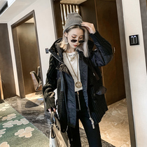 Woolen stitching coat womens 2020 autumn new female European station heavy industry Korean version loose medium-long hooded top