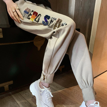 Sports casual pants womens 2020 autumn new European station heavy industry hot diamond loose slim drawstring leg guard pants Harun pants
