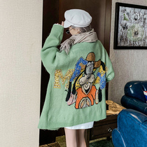  Sweater jacket womens loose lazy wind 2020 autumn new European station heavy industry wild cartoon knitted cardigan tide