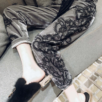 Gold velvet wide leg pants womens 2020 winter new loose straight sports pants lace stitching casual wild trousers