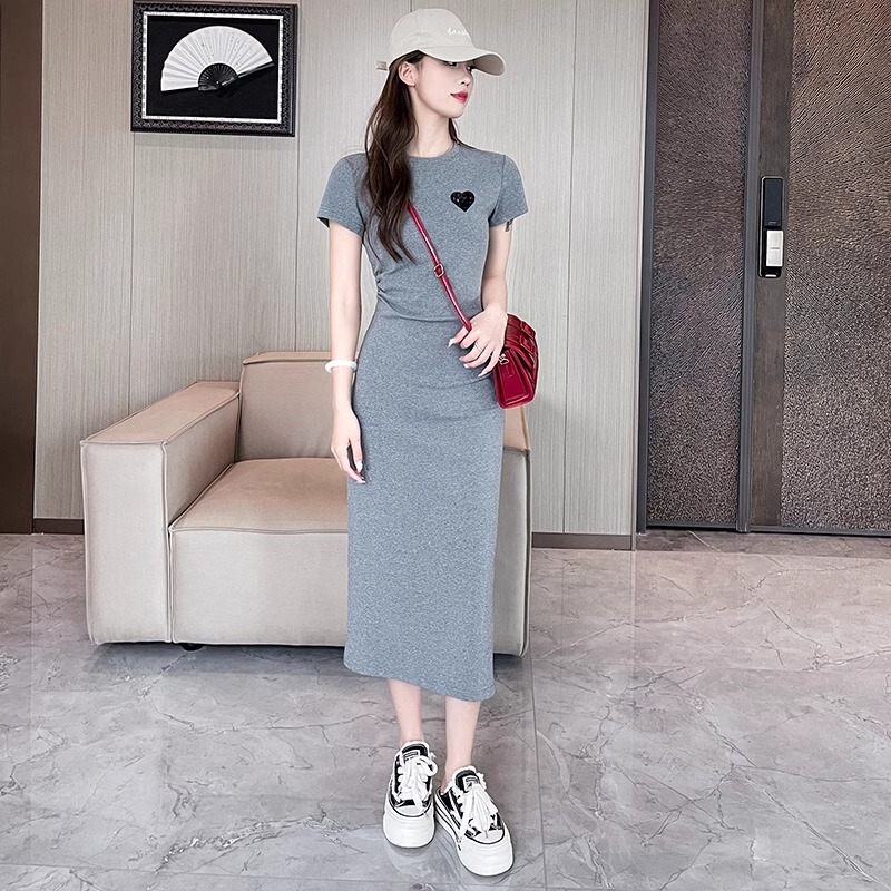 Dress for Women, Summer Short-Sleeved, Elegant 2025 New Style, Waist-Cinching Long Dress, Gray Casual Dress, Slit, Bodycon T-Shirt Dress