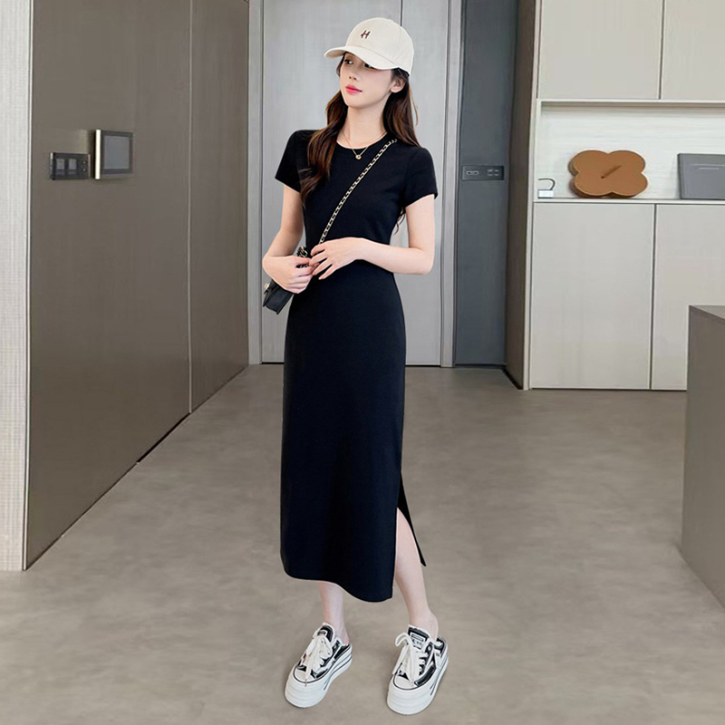 Black Short-Sleeved Dress for Women, New Spring and Summer Style, Casual Long Dress with Waist-Cinching Design, Slimming, Slit, and Bodycon Fit Little Black Dress