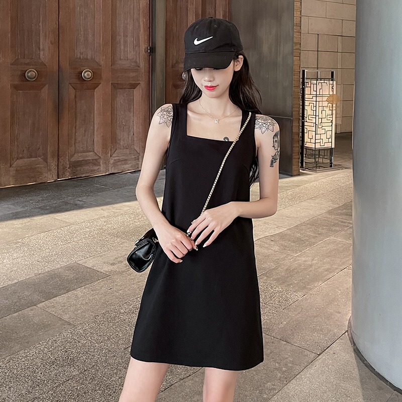 Spring Wide-Strap Dress for Women, Summer Inner Dress, 2025 New Little Black Dress, Straight Loose Slimming Strap Dress